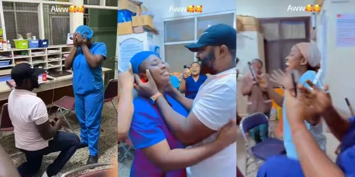 Nigerian man surprises nurse girlfriend with hospital proposal, gets emotional reaction (Video)