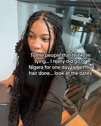 Lady who flew from America to Lagos to get her hair done silences skeptics with evidence