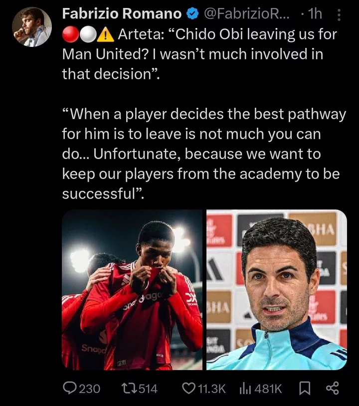 Arteta on Chido Obi's Move to Man United: I Wasn't Much Involved.