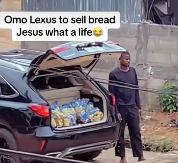 'Life is hard' - Nigerian man causes stir online as he uses multi-million naira Lexus car to sell bread