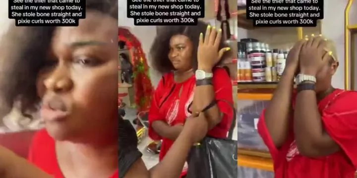 Woman busted on CCTV stealing bone straight and pixie wig worth ₦300k
