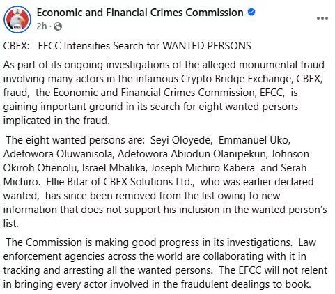 EFCC Removes Foreign National, Ellie Bitar, From CBEX Crypto Fraud Investigation Wanted List