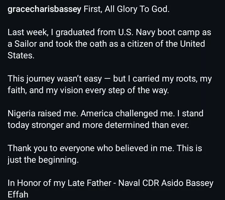 Grace Bassey joins US Navy