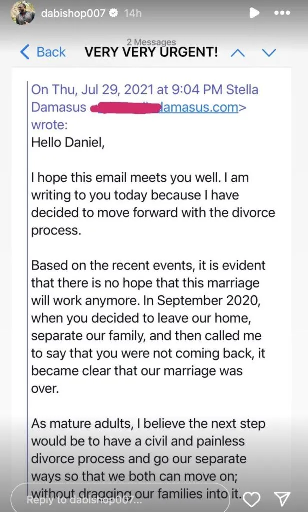 Stella Damasus accused of lying about divorce, ex-husband leaks email