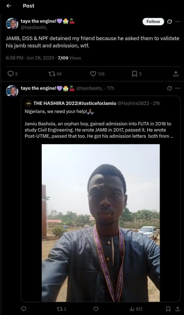 FUTA graduate detained after 7 years in school as JAMB calls admission 'fake'