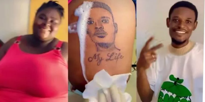 Lady tensions singles as she tattoos boyfriend's face on her lap