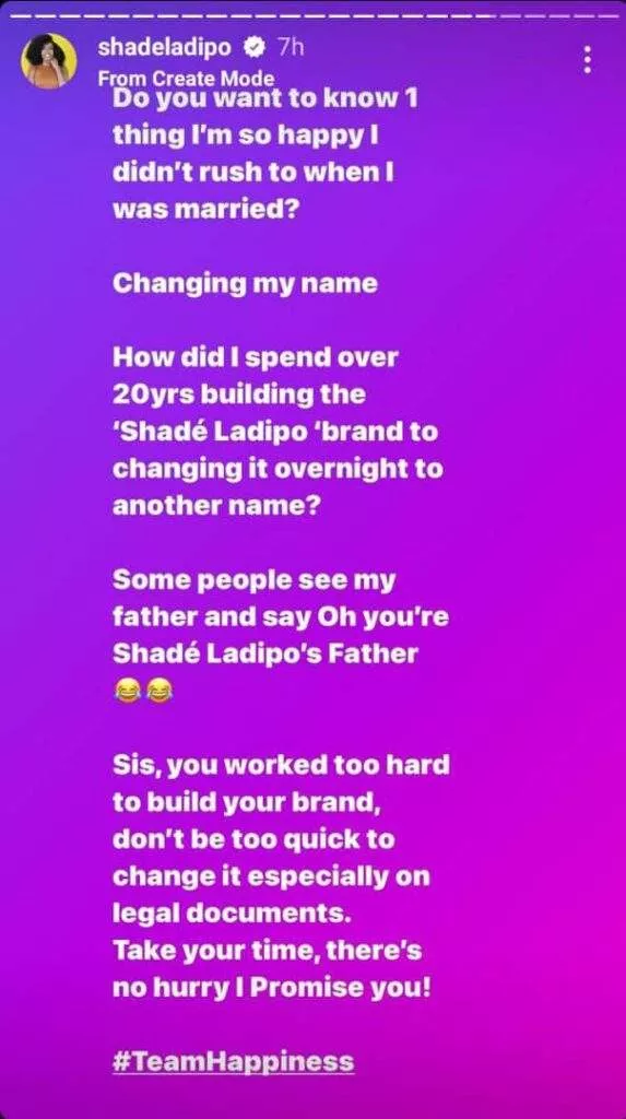 Shade Ladipo advises ladies not to rush into changing their names after marriage