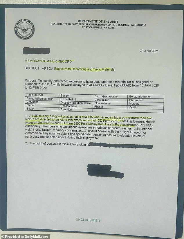 Toxic exposure memos were also circulated to other units who served at Al Asad after the attack.