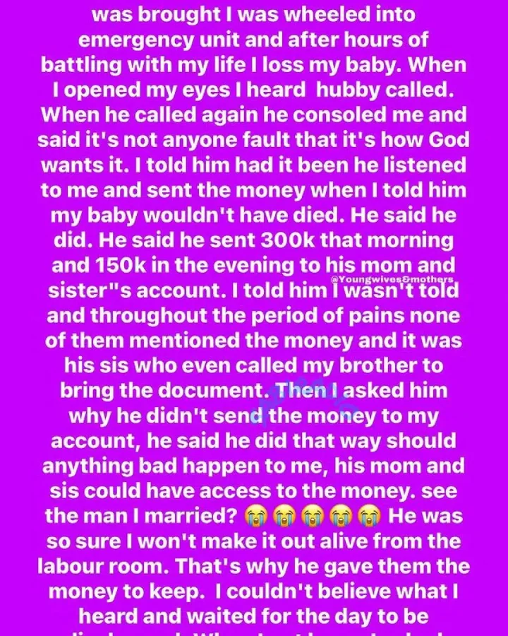 'My husband sent delivery money to mother and sister in case I don't make it in delivery room' - Lady shares heart wrenching story