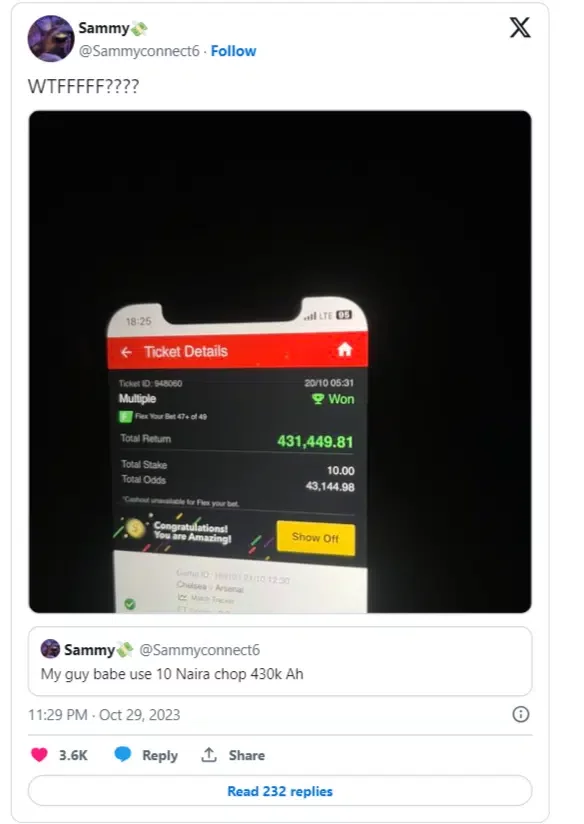 'Played with just N10' - Lady over the moon as she plays virtual bet for the first time wins N431k