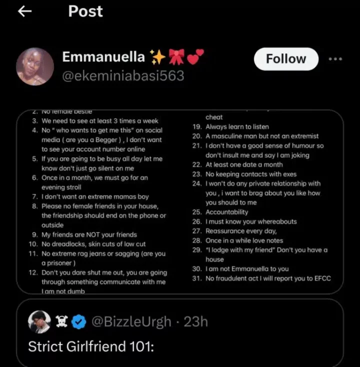 Lady reveals 31 strict relationship rules for future boyfriend