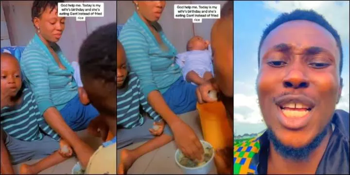 Father of 3 cries out to God as his family eats 'eba' on his wife's birthday