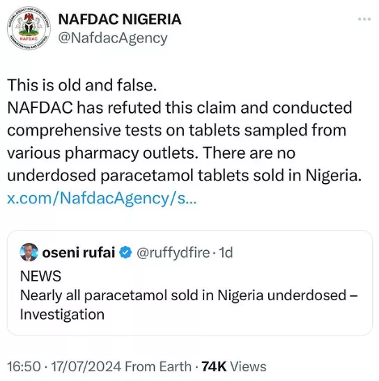 NAFDAC refutes claims that nearly all paracetamol sold in Nigeria are underdosed