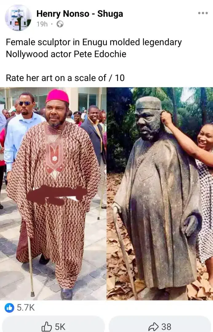 'If na your papa dem mold like dis, you go like am?' - Outrage as lady makes a sculpture of Pete Edochie