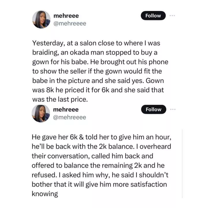 Lady reveals the thoughtful thing a commercial motorcycle rider did for his girlfriend