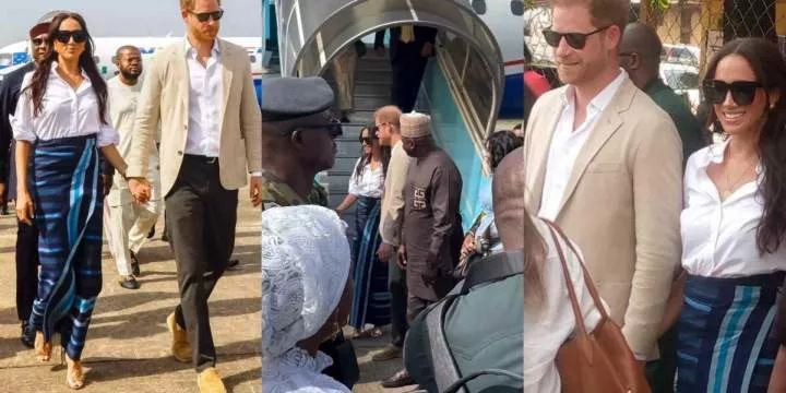 Meghan Markle ties aso oke wrapper as she arrives Lagos with Prince Harry on day 3 of their visit