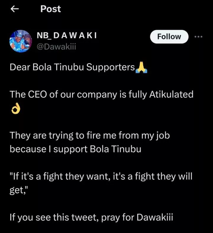 Man allegedly sacked from job for supporting Bola Tinubu amid economic hardship