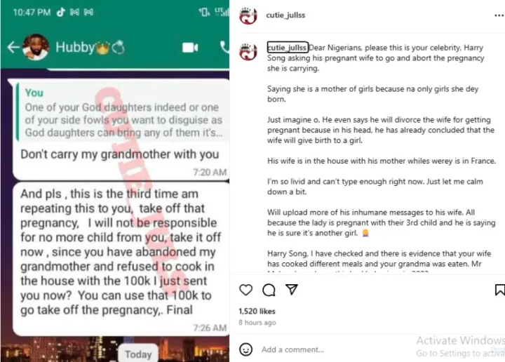 Blogger leaks alleged chat of Harrysong asking wife to have an abortion