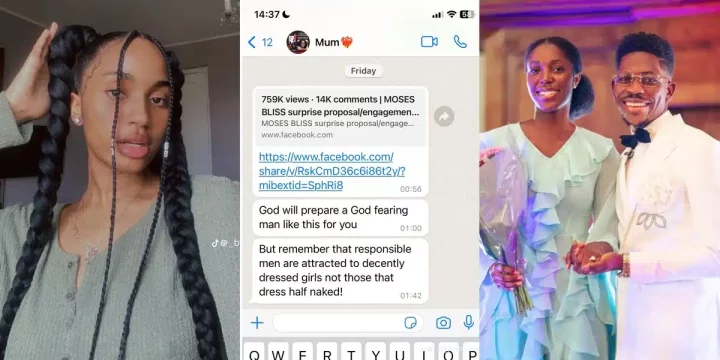 'Don't dress half naked' - Nigerian mother counsels daughter via WhatsApp after seeing Moses Bliss's engagement video