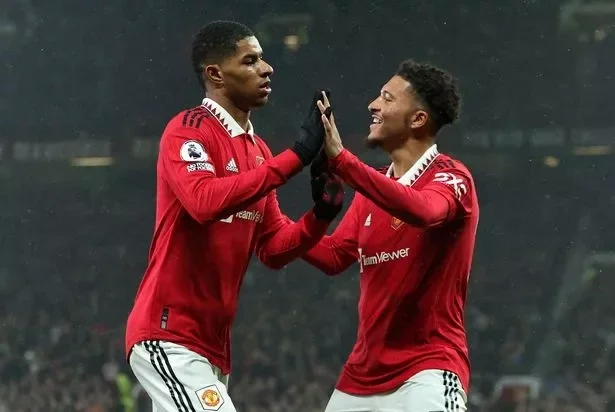 Marcus Rashford and Jadon Sancho celebrate together for Manchester United