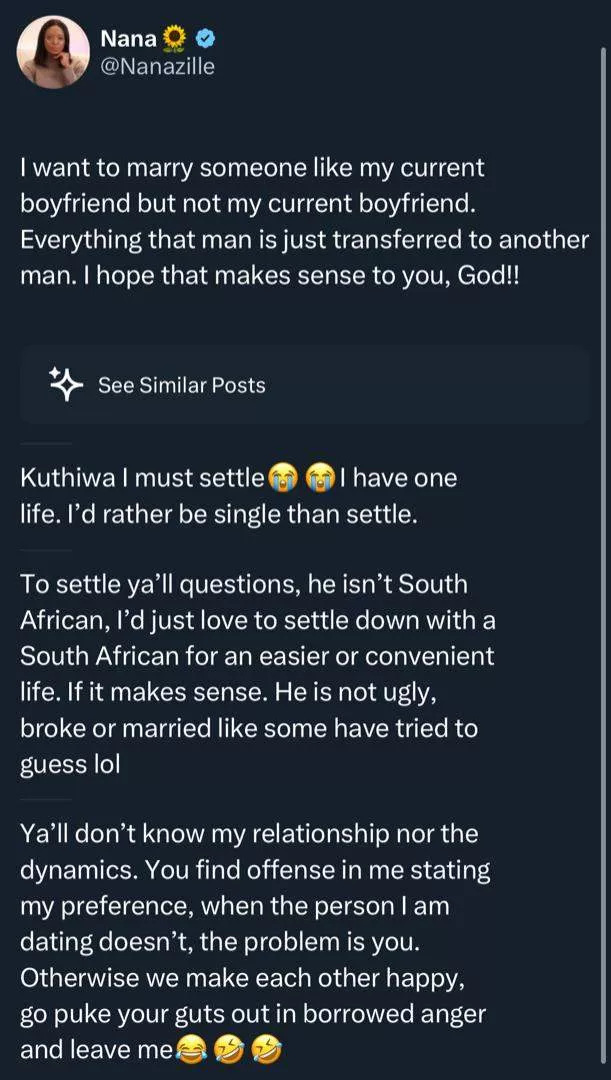 'I want to marry someone like my current boyfriend but not him' - Lady drops shocker