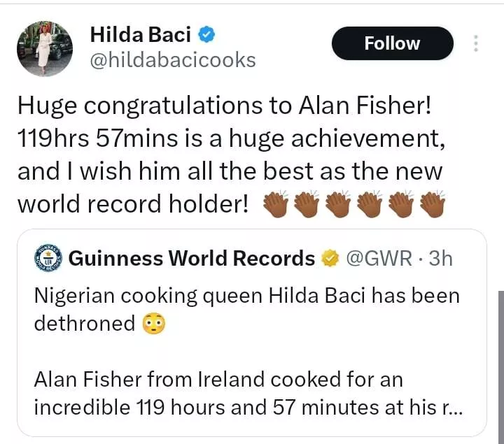 Hilda Baci reacts to being dethroned by an Irish chef who broke her cook-a-thon record