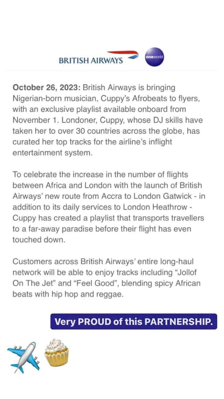 DJ Cuppy British Airways