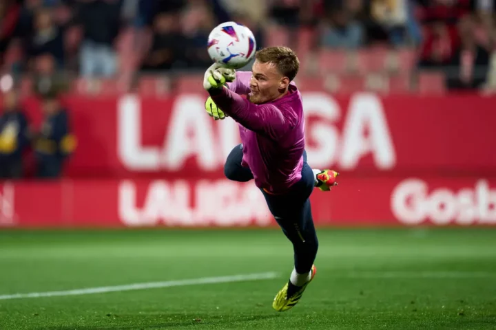 Filip Jorgensen of Villarreal CF warms up prior to the LaLiga EA Sports match between Girona FC and Villarreal CF at Montilivi Stadium on May 14, 2024