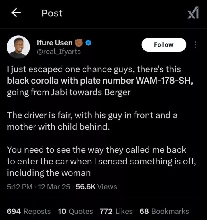 Man raises alarm after escaping 'one chance' bus in Lagos, posts plate number