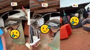 Mechanic in trouble as he crashes customer's car into a shop in Edo