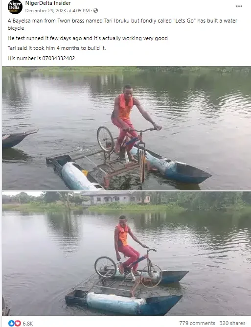 'It's actually working' - Bayelsa man stuns many as he builds water bicycle that rides on rivers