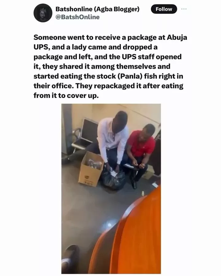 Video purportedly staff of a logistics company eating packaged stock fish a customer brought for waybill