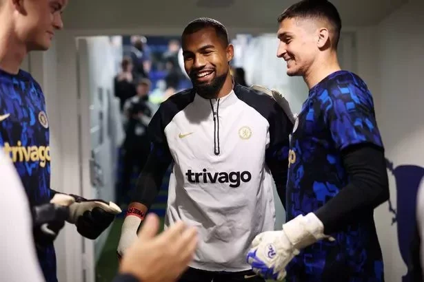 Robert Sanchez and Djordje Petrovic in the tunnel at Stamford Bridge before Chelsea vs Brighton