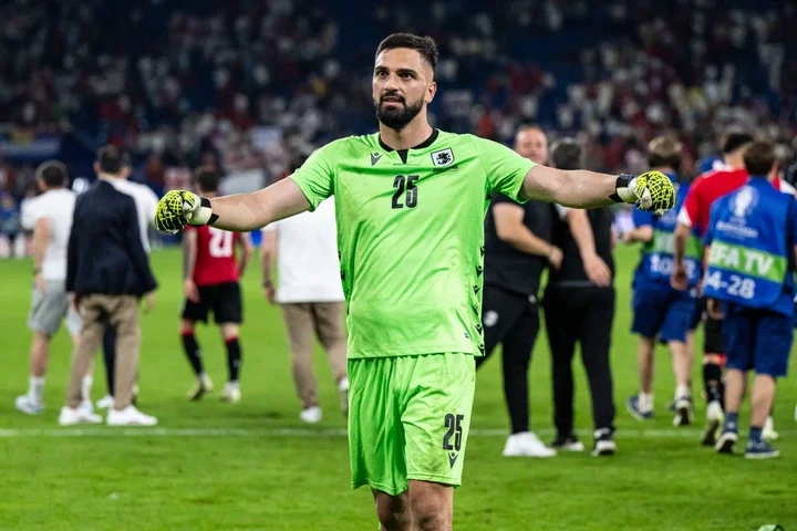 Giorgi Mamardashvili of Georgia celebrates victory  after the UEFA EURO 2024 group stage match between Georgia and Portugal at Arena AufSchalke on ...