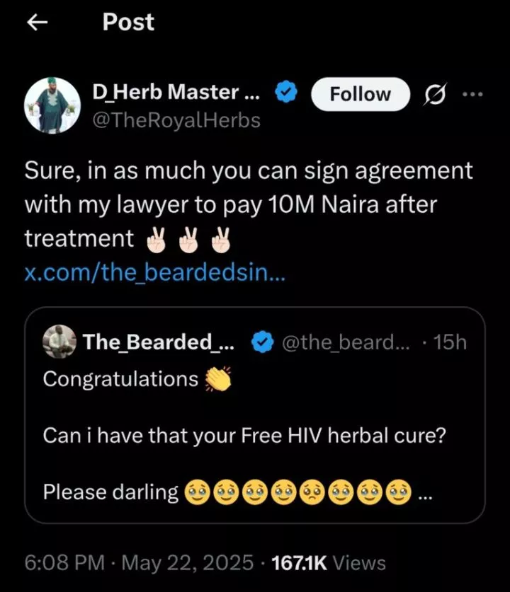 Herbal doctor announces HIV cure, promises ₦20m if it doesn't work