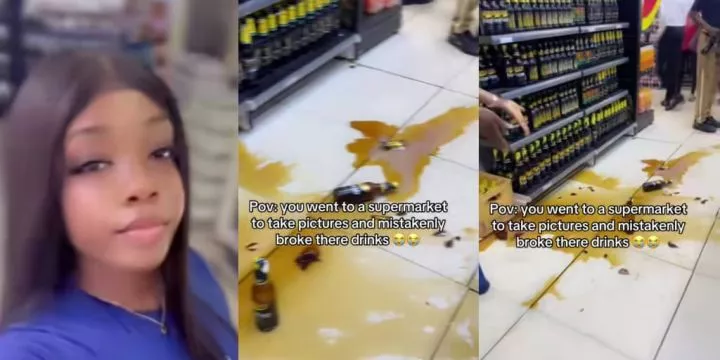 Lady accidentally breaks bottles of drinks while taking pictures at supermarket Lady accidentally breaks bottles of drinks while taking pictures at supermarket