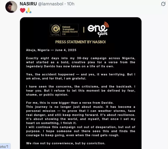 Nasboi speaks after surviving accident during nationwide tour