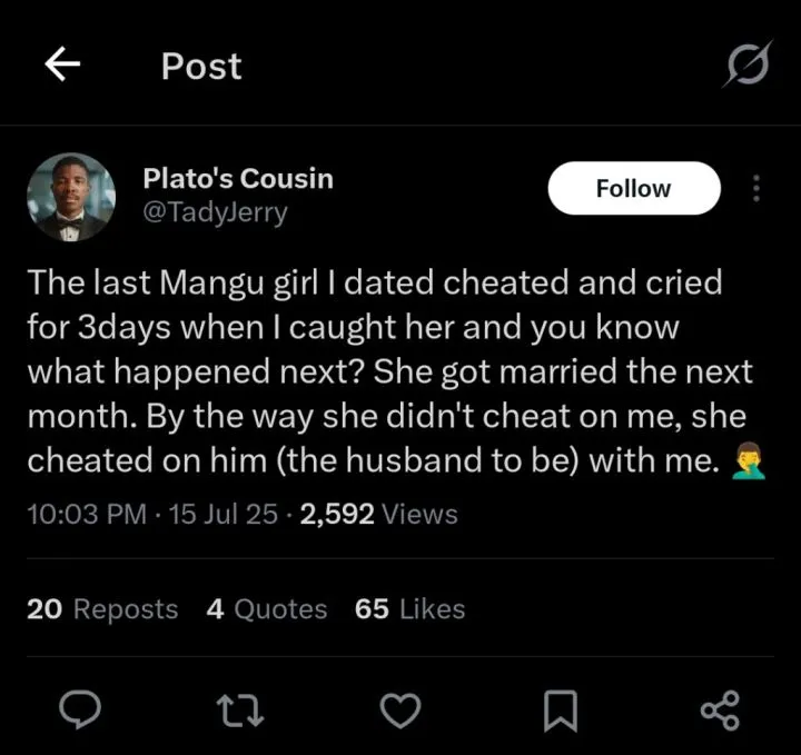 Man laments as ex who cried for 3 days after breakup over cheating marries one month later