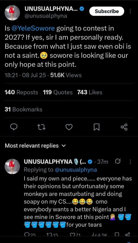 Peter Obi is no saint; Sowore our only hope - Phyna