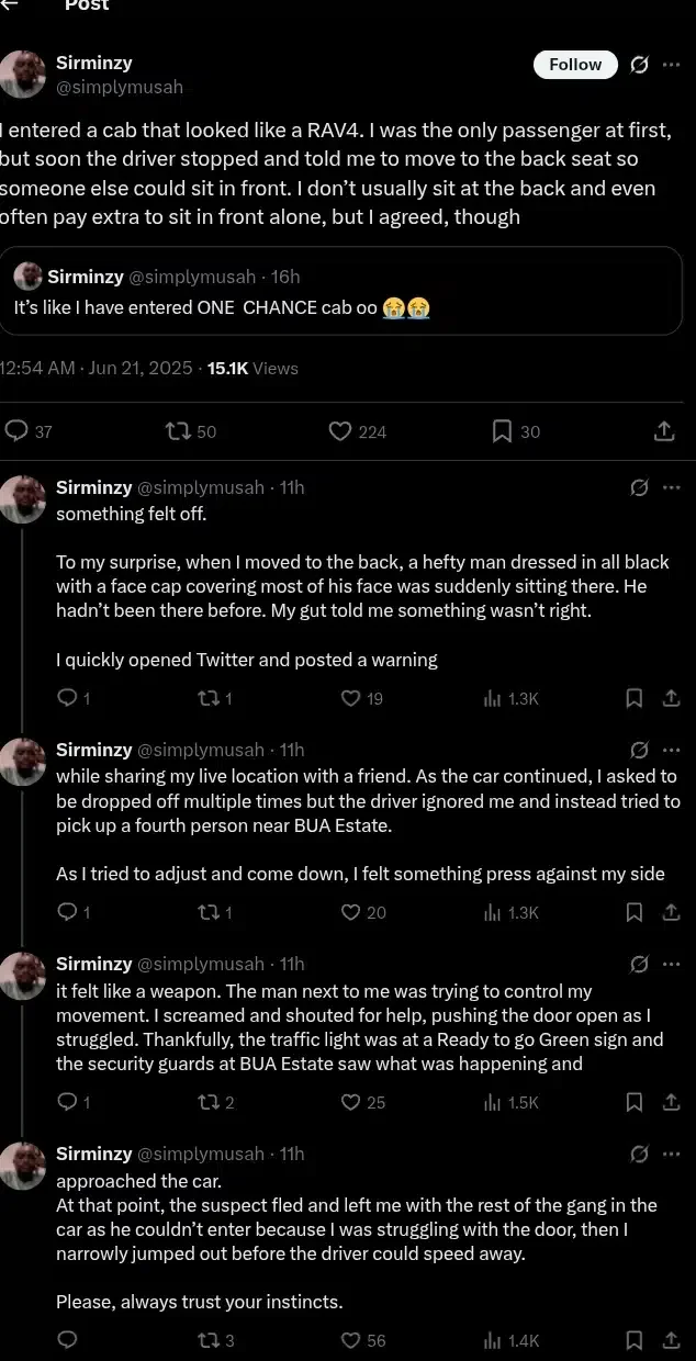 Man recounts escape from suspected one chance gang after boarding cab in Abuja