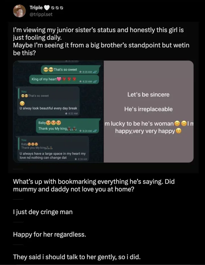 'Wetin be this? Are you not loved at home?' - Man expresses concern over love text on sister's Whatsapp status