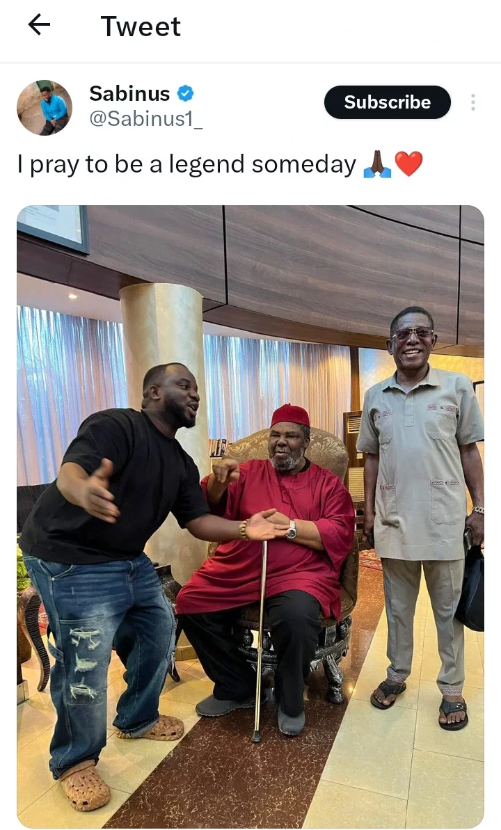 Reactions as Oga Sabinus shares photo himself spending time with Pete Edochie and Osuofia