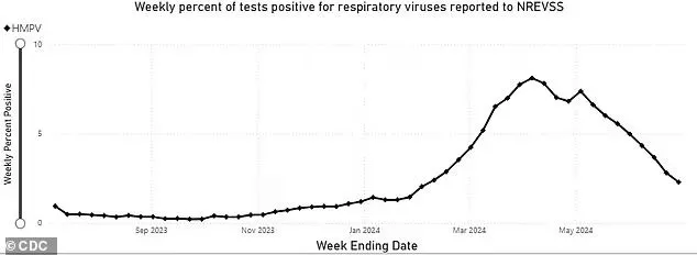 The above CDC graph shows HMPV positive test rates from August 2023 until June 2024. Positive test rates appear lower at this time last year