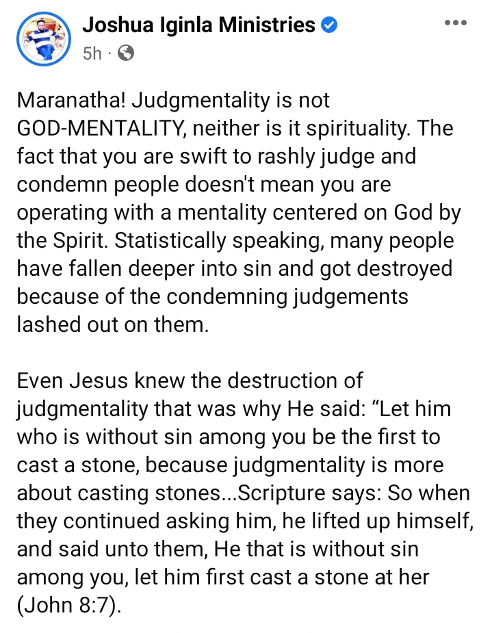 Being Judgmental Is Not God-mentality; Neither Is It Spirituality-Joshua Iginla