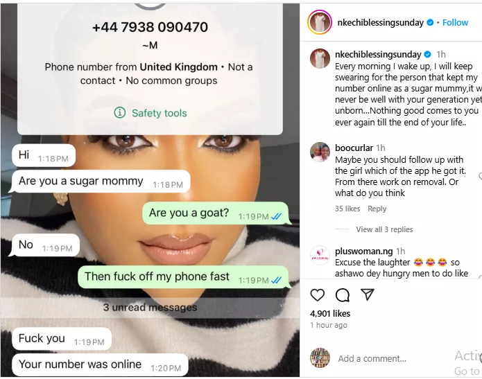 Nkechi Blessing lays curses on anonymous individual for posting her number online as sugar mummy