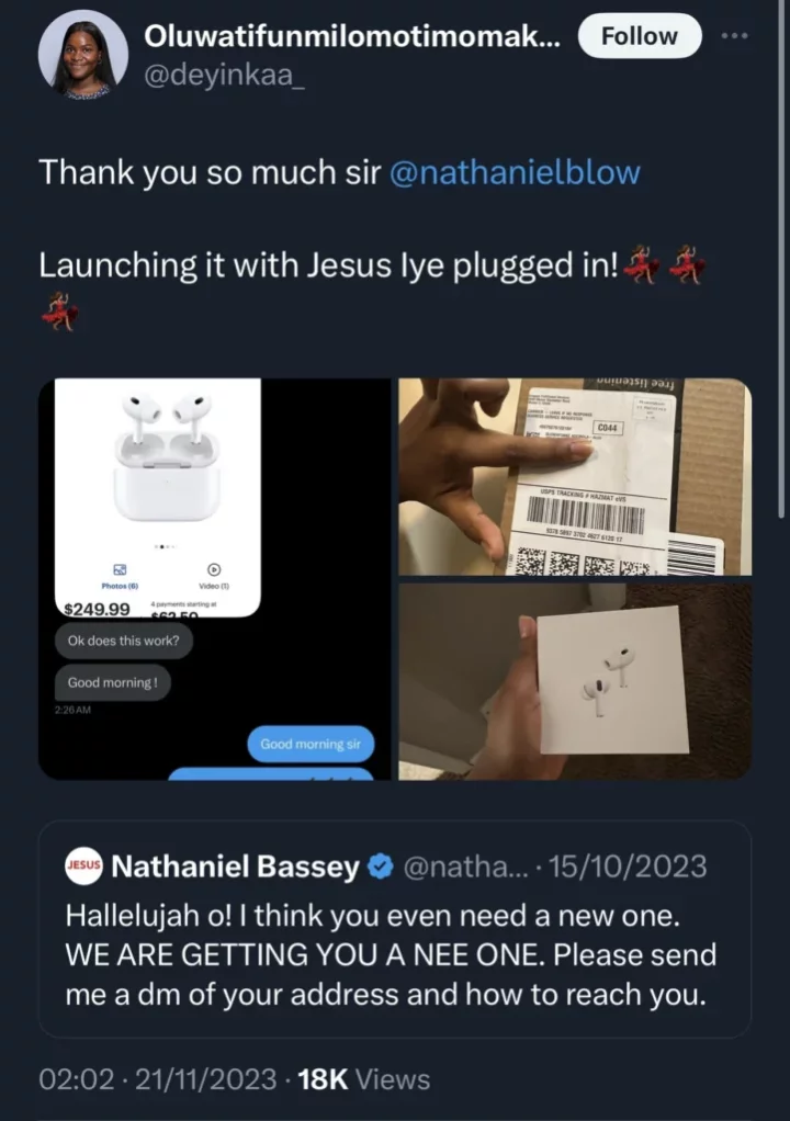 Nathaniel Bassey buys new AirPods for lady after her old one broke during the Hallelujah challenge