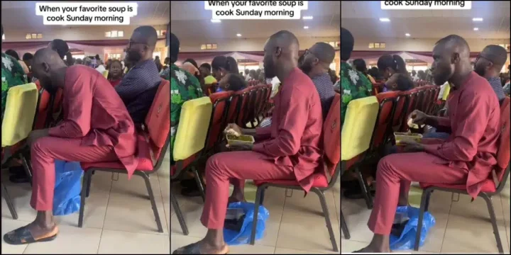 Drama as man brings out plate of fufu and soup to eat during Sunday service in church