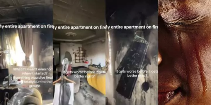Lady wakes up to devastating apartment fire, cries uncontrollably