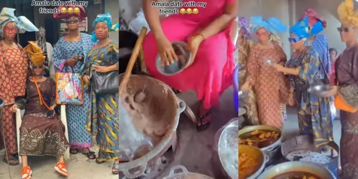 Beautiful lady lights up TikTok as she stuns in native attire, goes on Amala date with three friends