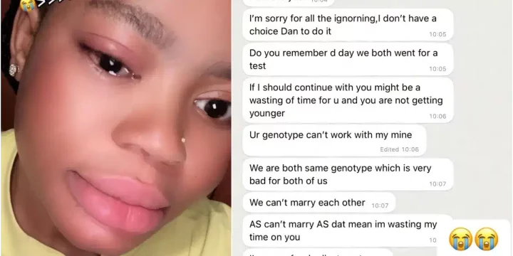 Lady weeps as genotype puts asunder in relationship with boyfriend